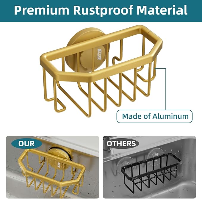 TAILI Sponge Holder for Kitchen Sink with Strong Suction Cup Removable, Rustproof Aluminum Sink Caddy for Sponge, Brush, Scrubber, Scraper -Gold