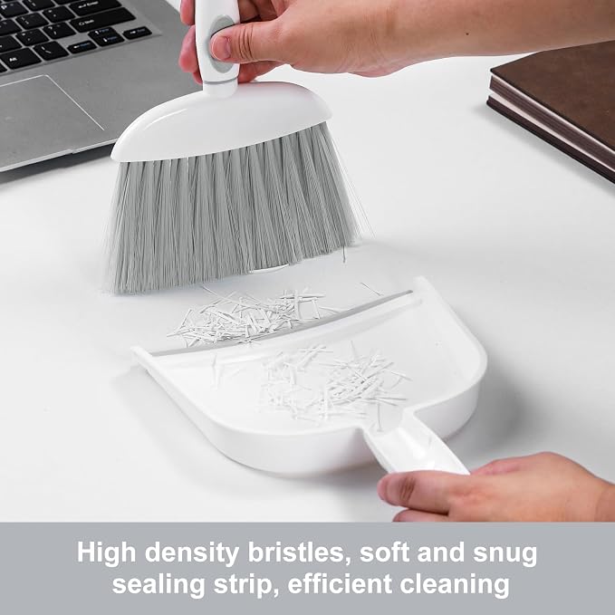 NACENA Small Dust Pan and Brush Set, Mini Broom and Dustpan Set, White&Gray | Small Hand Broom and Brush Combo Dust Pan with Teeth for Home Cleaning Drawers Desktop Sofas and Outdoor