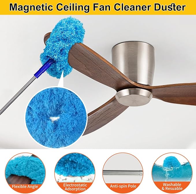 Tiumso Ceiling Fan Cleaner Dusters for Cleaning 6-in-1 Kit, Cobweb Duster with Extension Pole, 100 Inches High Ceiling Fan Blade Cleaners with 5 Reuseable Dusting Heads for Windows and Blinds- Blue