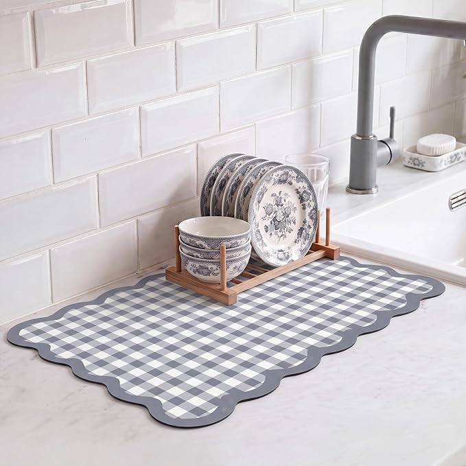 Scalloped Gingham Coffee Mat 12" x 20" Absorbent Coffee Bar Mat Gingham Espresso Matt for Counter(Gray)