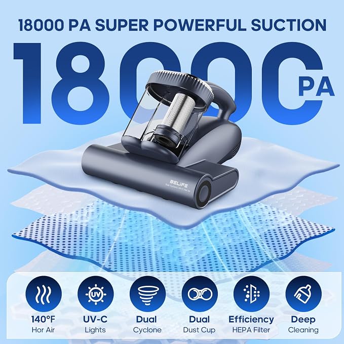 Belife M11 Mattress Vacuum Cleaner with UV & Hot Air for Deep Cleaning | 18Kpa 550W Bed Vacuum with HEPA Filter, Powerful Strong Suction Handheld Couch Cleaner for Sofa Pillows Dust Pet Hair, Corded