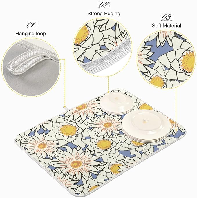 Absorbent Dish Drying Mat for Kitchen Counter - Flowers Lotus Yellow Microfiber Drying Pad, Reversible Drainer Mats for Countertop, Small 16 x 18 inch