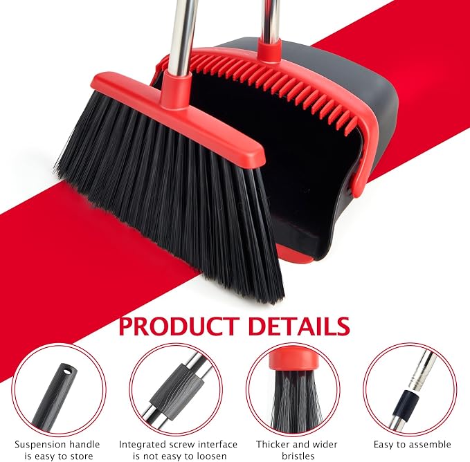 2-Pack Broom and Dustpan Combo Set,51" Long Handle,Black Red | Standing Dustpan, Heavy Dust,House Accessories for Home, Kitchen, Office, Pet Hair