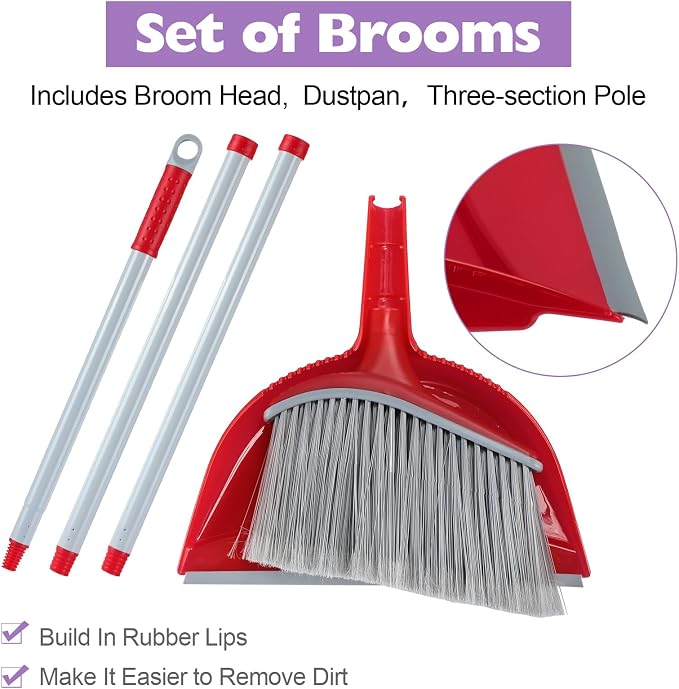 Meanplan 5 Pcs Angle Broom and Dustpan Combo Set for School Classroom 54'' Outdoor Indoor Cleaning Broom Commercial Broom with Step-on Dustpan for Home Kitchen Office Floor Dirt Dust Hair Cleaning