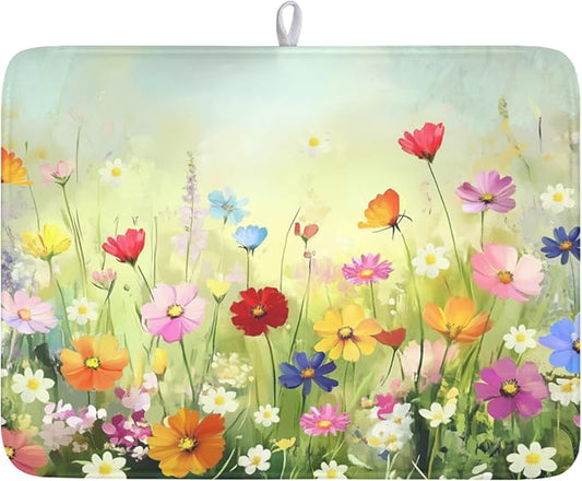 Spring Summer Daisy Dish Drying Mat 18 x 24 Inch Colourful Floral Pattern Dish Drainer Rack Mat Absorbent Microfiber Mats Holiday Dish Pad for Kitchen Coffee Dining Bar Decor