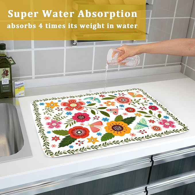 Colorful Boho Floral Dish Drying Mat 18x24 Inch Dishes Dry Pad Drainer Rack Mats Absorbent Hanging Loop Kitchen Counter Bar Accessories