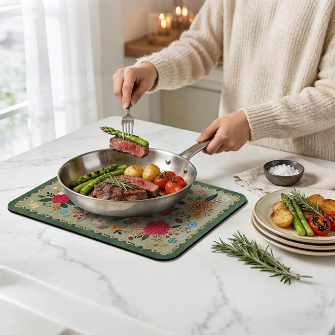 Dish Drying Mat for Kitchen Counter 17x32 Inch, Boho Quick Dry Coffee Mat | Made of super absorbent diatomite that quick dries dishes, coffee machine & sink area. Non-slip rubber base for countertop