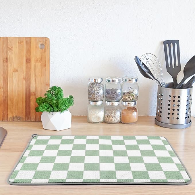Zonon Green Checkered Dish Drying Mat for Kitchen Counter 16" x 24" Microfiber Absorbent Dish Drainer Rack Pads Fast Dry Mat Vintage Kitchen Decorations