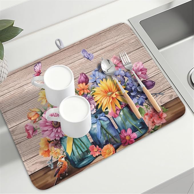 Purple Floral Wooden Board Dish Drying Mat 18x24 Inch | Vases，Vintage，Polyester，Absorbent Microfiber，for Kitchen Coffee Dining Bar Decor