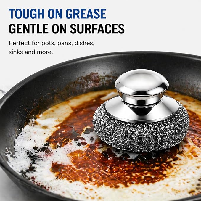 Steel Wool Scrubber, 10-Pack Stainless Steel Scrubber Pads with Handle - The Ultimate Scouring Solution for Rust, Stubborn Messes on Cookware, Grill, Oven & Kitchen Sinks