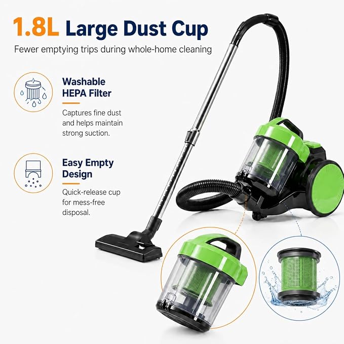 Simple Deluxe Household Portable 16.4Ft Vacuum Cleaner, 16Kpa Bagless Canister Cleaner, Lightweight Powerful Vacuum for Carpets and Hard Floors, with Washable HEPA Filter, Green