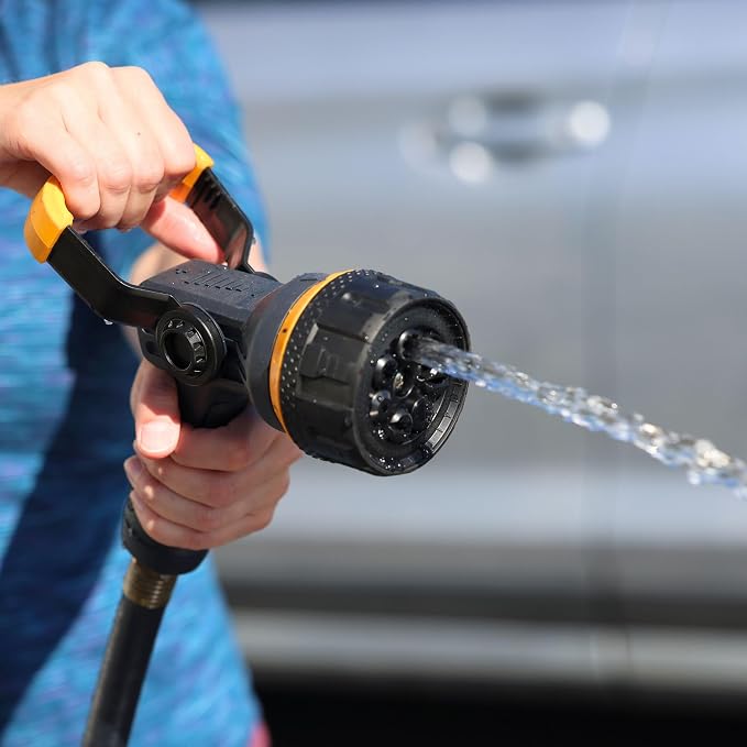 Melnor 65157AMZ Torrent 7-Pattern Hose Nozzle, High-Flow Spray with Metal Core and Flow Control Lever, Heavy-Duty Water Nozzle for Cleaning and Watering, Black, Orange