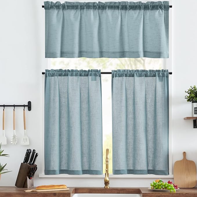 jinchan Kitchen Curtains and Valances Set 3 Pieces Linen Tiers and Valance 24 Inch Cafe Curtains with Valance Rod Pocket Farmhouse Small Drapes Set Rustic Country for Laundry Room Bathroom Blue | Light filtering, rod pocket, cafe curtains, farmhouse, m...