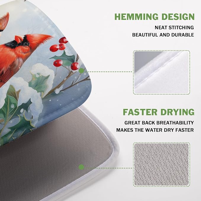 Winter Cardinal Birds Dish Drying Mat, Holly Berry Branches Dish Drying Mat for Kitchen Counter, Red Birds Absorbent Fast Dry Dish Drainer Mat Protector Xmas Microfiber Dish Drying Pad 16x18 Inch
