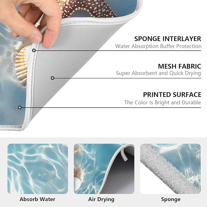 Starfish and Seashell on The Summer Beach Dish Drying Mat for Kitchen Counter Absorbent Microfiber Small Drying Pad Dish Mats for Kitchen Countertops 16 x 18 Inch