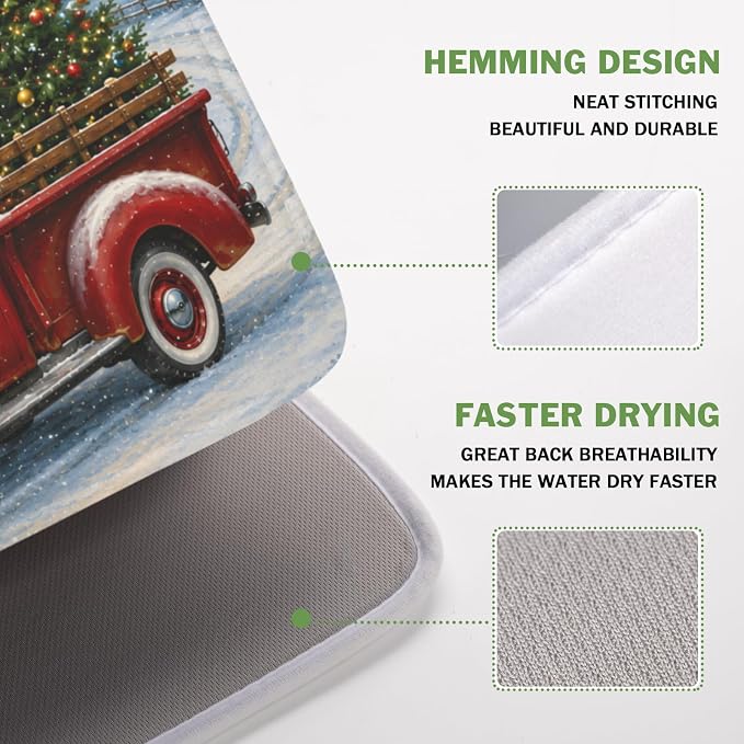 Merry Christmas Dish Drying Mat for Kitchen Counter 16x18 Inch Snowman Truck Dish Drainer Mat Absorbent Microfiber Winter Snowflake Dish Rack Pad for Coffee Dining Bar Decor