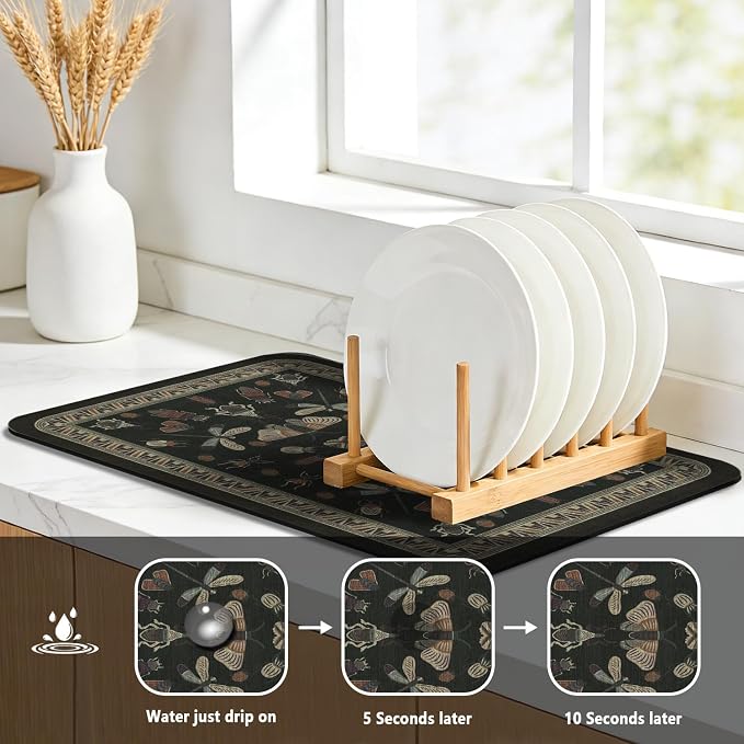 Dish Drying Mat, Vintage Rustic Boho Kitchen Dishes Absorbent Pad, 12x20in | Eco-friendly diatomite with non-slip rubber backing. Super absorbent mat for kitchen counters, coffee bars & sinks