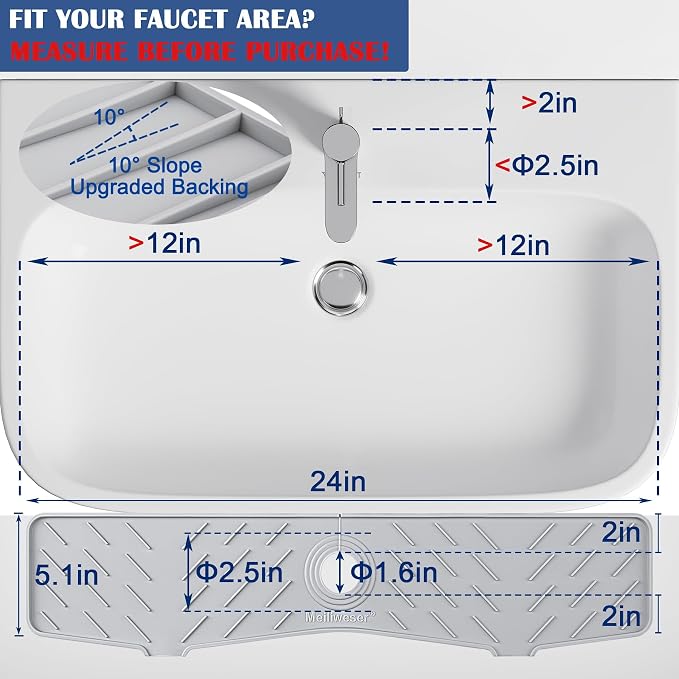 Faucet Mat for Kitchen Sink – 24” x 5.1” Extra-Long Silicone Splash Guard with 10° Slope & Upgraded Drainage – Gen 3 Sink Water Catcher & Sponge Holder for Kitchen, Bathroom (Gray)