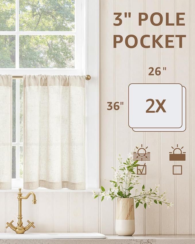 jinchan Rustic Linen Rod Pocket Tier Curtains, 26x36, 2 Panels, Natural | Light filtering, cafe curtains, machine washable, farmhouse, kitchen, bathrooms, laundry, small window, over sink
