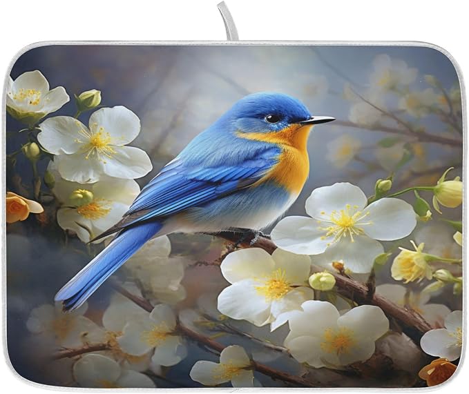 Spring Blue Yellow Flower Bluebird Butterflies Dish Drying Mat for Kitchen Counter Absorbent Microfiber Large Drying Pad Dish Mats for Kitchen Countertops 18 x 24 Inch