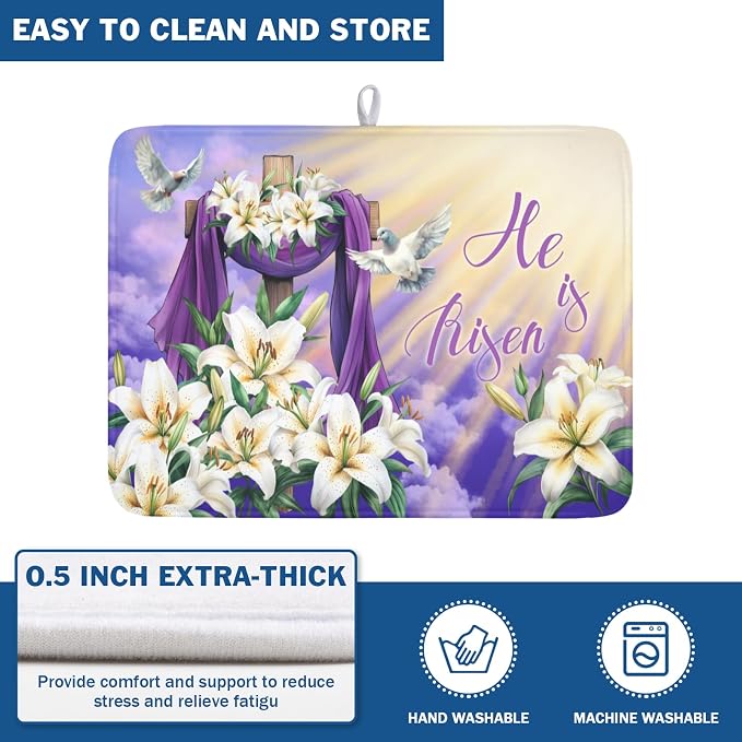 Easter Dish Drying Mat for Kitchen Counter He is Risen Cross Floral Purple Pattern Microfiber Dish Drainer Mat Rustic Absorbent Washable Drying Pad Extra Large 18"x24"