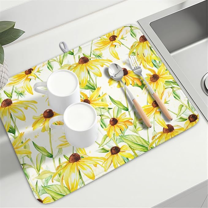 Yellow Sunflower Dish Drying Mat for Kitchen Counter 18x24 Inch | Floral，Polyester，Absorbent Microfiber，for Coffee Dining Bar Decor