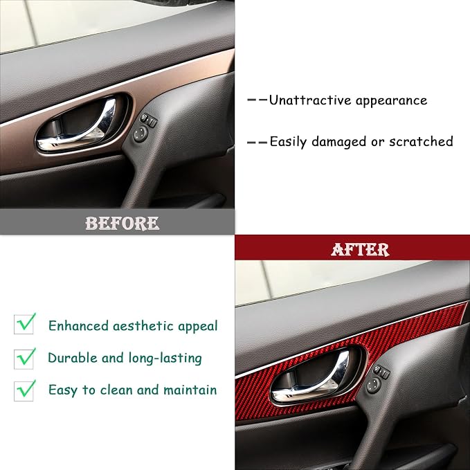 Red Real Carbon Fiber Trim for Nissan Rogue Accessories | for 2014-2020 / Rogue Sport 2017-2022 Inner Door Pull Handle Panel Sticker Interior Thick Overlay Decal