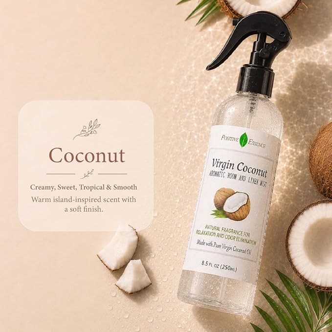 Virgin Coconut Linen and Room Spray, Natural Aromatic Mist Made with Pure Virgin Coconut Oil, Relax Your Body & Mind, Perfect as a Bathroom Air Freshener Odor Eliminator