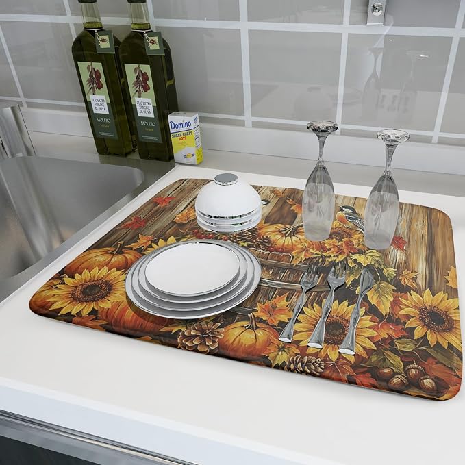 Fall Dish Drying Mat for Kitchen Counter Autumn Pumpkin Harvest Thanksgiving Microfiber Absorbent Dish Draining Reusable Washable Foldable Extra Large 18"x24"