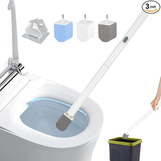 Pumice Stone Toilet Bowl Cleaner with 20" Ultra Long Handle,Push-Button Replaceable Head Hard Water Ring Stain Remover for Bathroom,Bathtub,Pool,Kitchen Sink Cleaning, 3 Pack (gray+white+blue)