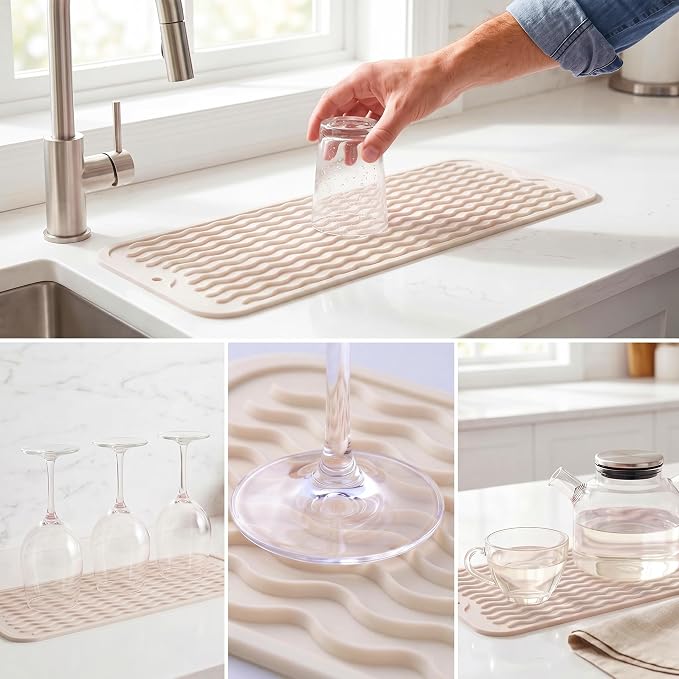 MicoYang Silicone Dish Drying Mat for Multiple Usage,Easy clean,Eco-friendly,Heat-resistant Silicone Mat for Kitchen Counter,Sink,Bar,Bottle,or Cup Tapioca M 17 inches x 6 inches