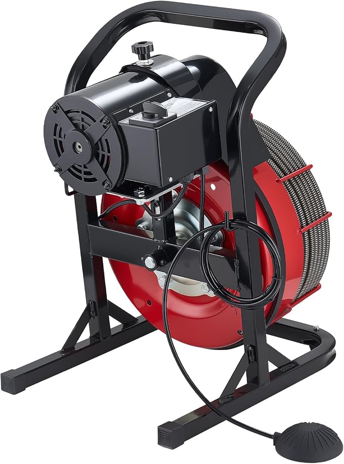 VEVOR 50FT x 1/2 Inch Drain Cleaning Machine, 250W Electric Drain Auger, Portable Sewer Snake Auger Cleaner with Cutters & Air-Activated Foot Switch for 1" to 4" Pipes, Black, Red