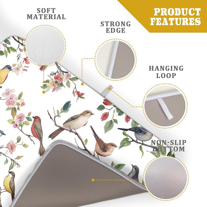 Spring Dish Drying Mat for Kitchen Counter Cute Birds Summer Holiday Microfiber Absorbent Dish Draining Reusable Washable Foldable Extra Large 18"x24"