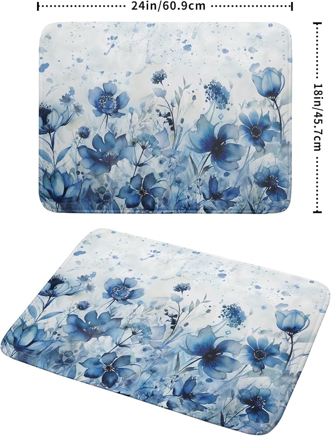 Giwawa Blue Floral Dish Drying Mat for Kitchen Counter Watercolor Leaves Dishes Drainer Rack Mat Absorbent Microfiber Dish Draining Pad 18x24 Inch