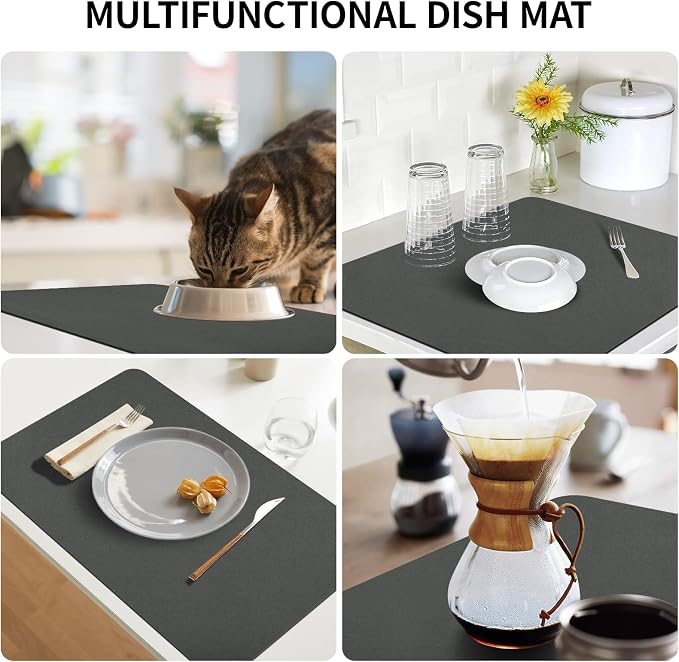 Dish Drying Mat for Kitchen Counter, 16“ x 24” Super Absorbent Kitchen Dish Drying Pad, Coffee Bar Mat with Rubber Backed, Coffee Bar Accessories for Countertop Dishes Utensils, Dark Gray