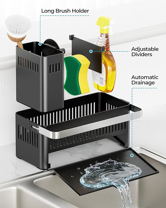 Nieifi Sponge Holder – Black ABS Rust Sink Caddy with Towel Rack, 10.12" | Smiley sponge & brush holders with drainage to keep items dry. 4.5-inch depth. Kitchen counter organizer & essential storage.