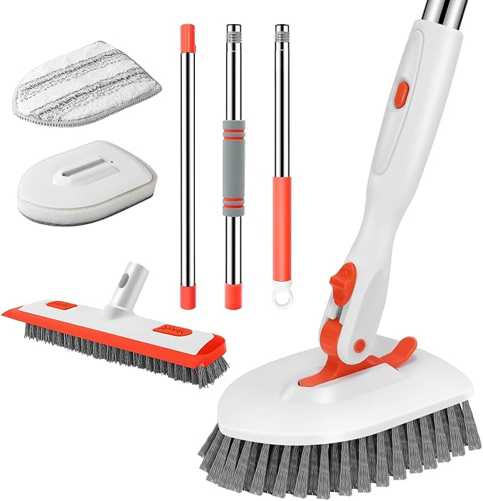 SetSail 4-in-1 Tile Tub Floor Scrubber with Floor Scrub Brush, Orange | with 3 Detachable Replacement Brush Head, Multi-Angle Cleaning Locks at 45°, 90°, 180° for Bathroom Kitchen Walls Tub Tile