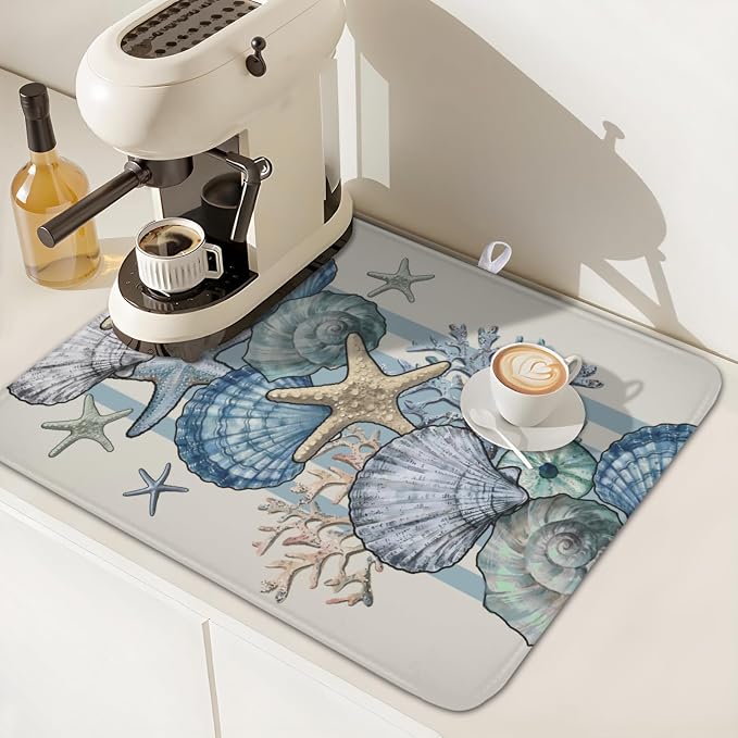 Nautical Coastal Dish Drying Mat for Kitchen Counter Summer Beach Seashell Starfish Microfiber Dish Drainer Mat Ocean Blue Pattern Absorbent Washable Drying Pad Extra Large 16"x18"