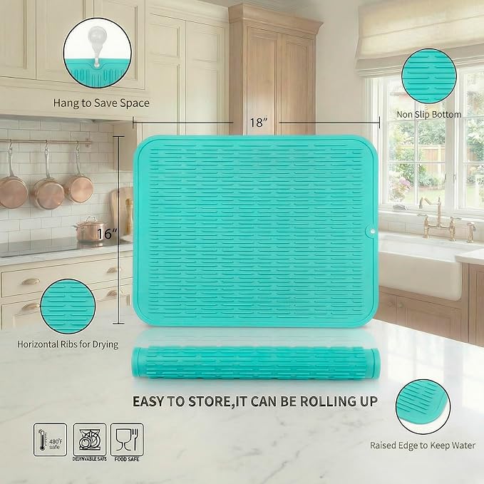 MicoYang Silicone Dish Drying Mat for Multiple Usage,Easy clean,Eco-friendly,Heat-resistant Silicone Mat for Kitchen Counter or Sink,Refrigerator or Drawer Liner Mint XL 18 inches x 16 inches