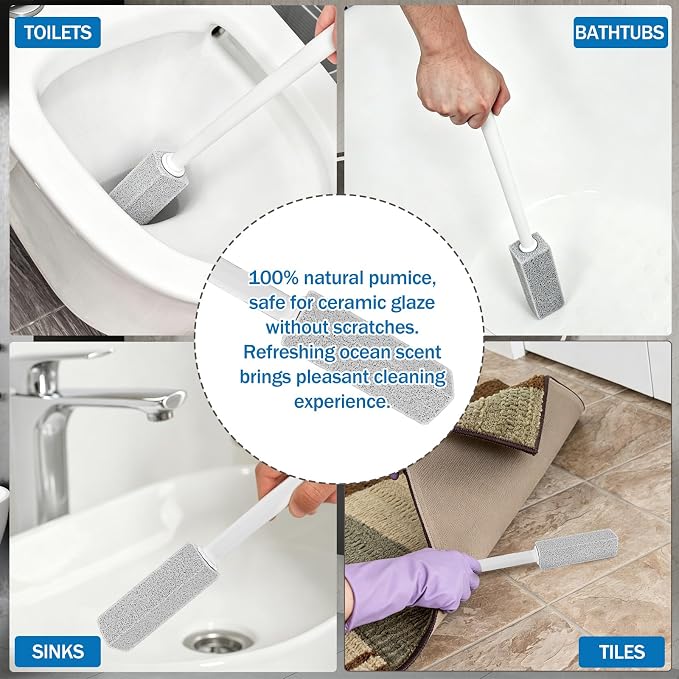 HUFAND Pumice Stone Toilet Bowl Cleaner with Long Handle, 5 Replaceable Heads, Ocean Scent, Hard Water Ring Remover for Grills, Tiles, Bathtubs, Sinks