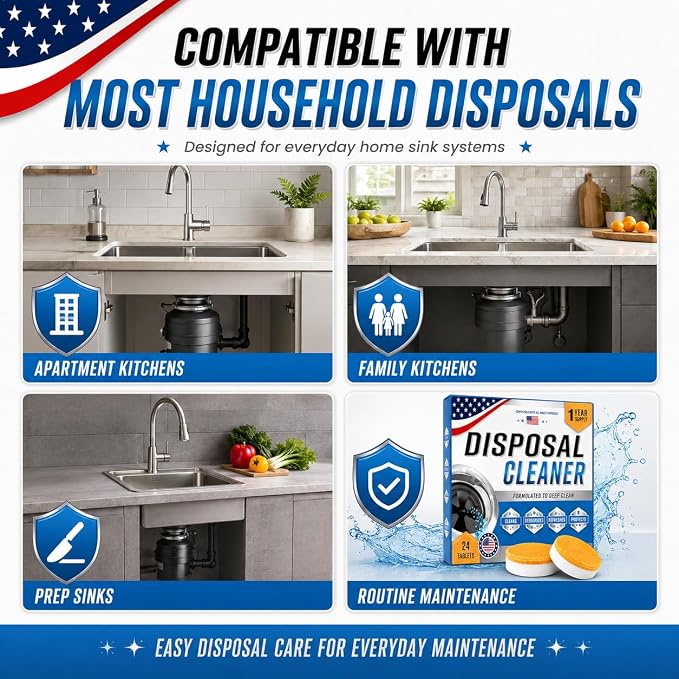 Garbage Disposal Cleaner Deodorizer Tablets, XL Foaming Citrus Sink Drain Disposal Cleaner Tablets Odor Eliminator, Grease Grime Food Residue Remover, Septic Safe, 24 Pack for 1 Year Supply