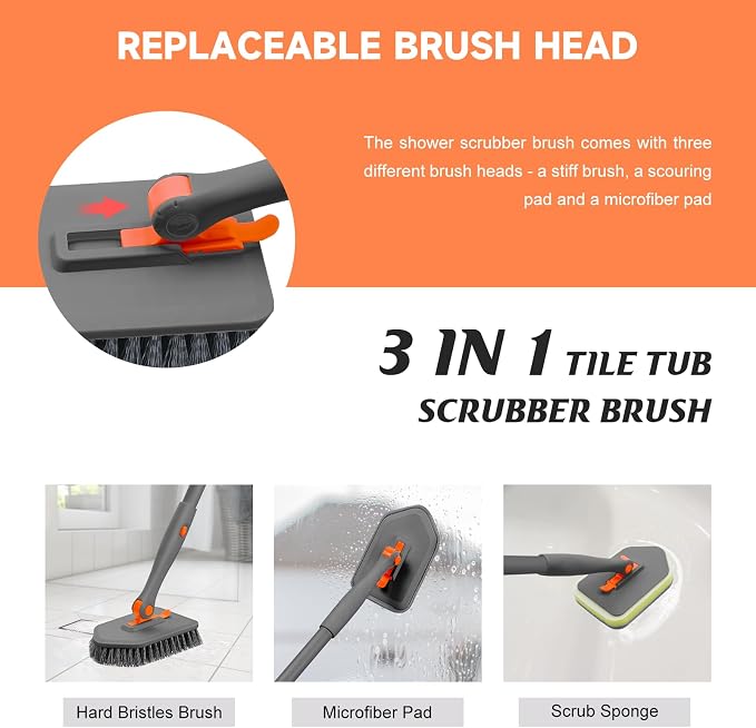 nacena Shower Scrubber with Long Handle, 3 in 1 Tile Tub Scrubber Brush with 3 Detachable Cleaning Heads Adjustable Handle Shower Cleaner Brush for Bathroom, Kitchen, Toilet, Wall, Sink, Grey Orange