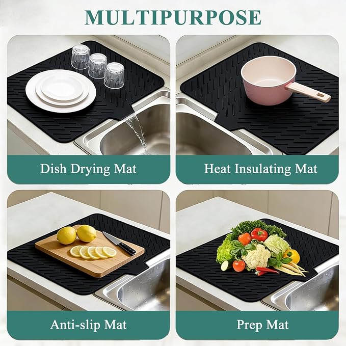 Silicone Dish Drying Mat for Kitchen Counter,23"X17" With Built-in Drain Lip,Food-Grade Silicone, Heat-Resistant Eco-friendly Hygienic Drying Mat Leak-Proof and Non-Slip, Multi-Functional Use（Black）