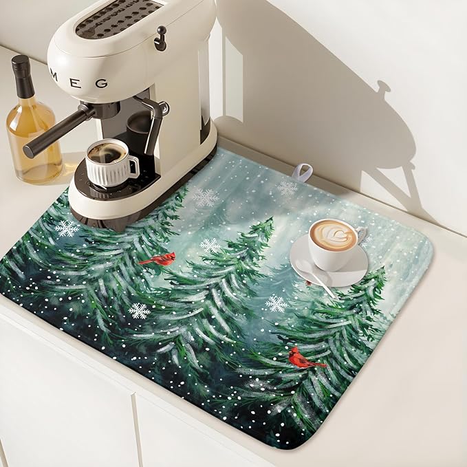 Winter Pines Tree Dish Drying Mats for Kitchen Counter, Christmas Tree Dish Mat Absorbent Reversible Microfiber Dish Drying Pad Winter Kitchen Drying Mat Dish Drainer Rack Mats for Coffee Bar 18"x24"