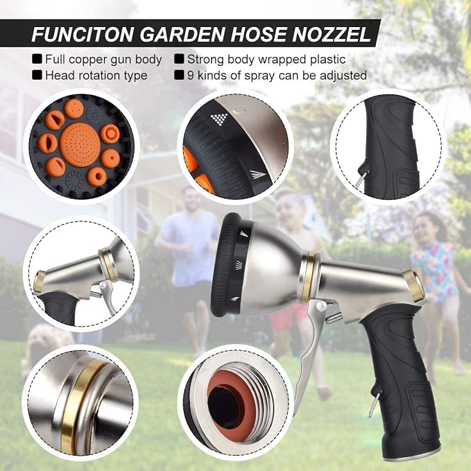 Garden Hose Nozzles,9 Spray Patterns Heavy Duty Metal Hose Sprayer Nozzle | Hose Nozzle Spray High Pressure Slip Resistant Water Sprayer for Plants & Lawns Watering,Car Washing and Pet Showering Gray