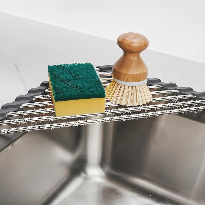 Tomorotec Stainless Steel Triangle Roll-Up Dish Drying Rack for Sink Corners - Foldable Over-The-Sink Multipurpose Kitchen Drainer, Trivet and Shelf - Space-Saving, Rustproof Organizer (Dark Gray)