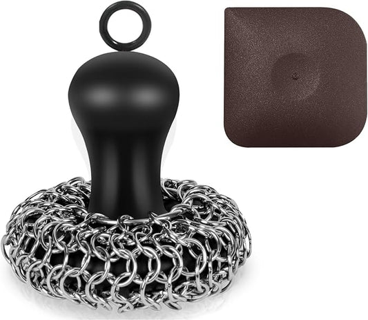 Cast Iron Cleaner Scrubber with Pan Scraper, Patented Chain Mail Scrubber Cast Iron Cleaning Kit, Metal Chainmail Scrubbing Sponge Scrub Brush to Clean Pan, Skillet, Grill, Dutch Oven, Wok