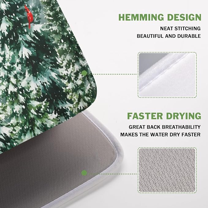 Winter Forest Snowflake Dish Drying Mat for Kitchen Counter 16"x18" | Christmas Green Pine Trees Birds Dish Drainer Mat Rustic Winter Holiday Absorbent Washable Drying Pad