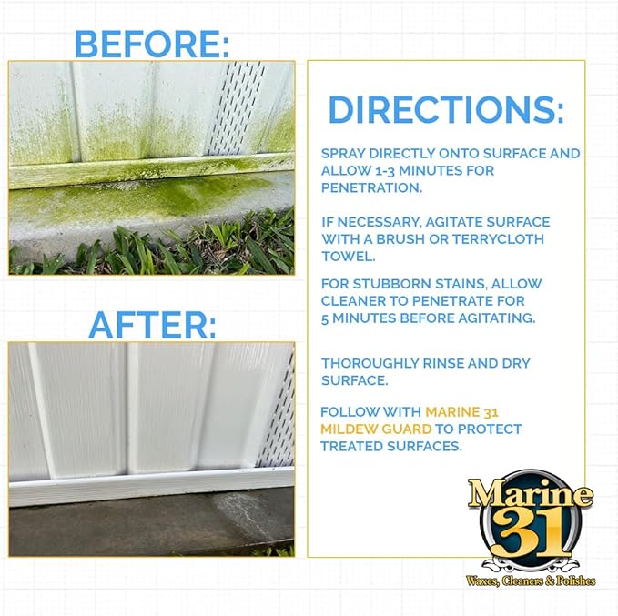 Marine 31 Mildew Stain Remover & Cleaner | Eliminates Stains from Marine, Boat, Home & Patio Surfaces | Cleans Bathrooms, Showers & More | M31-371 | 32oz