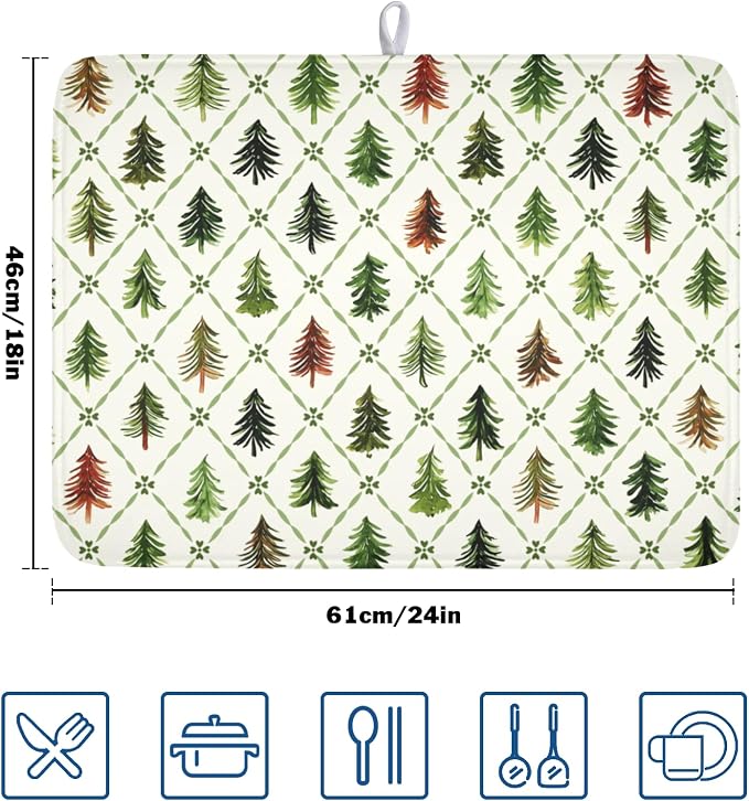 Christmas Dish Drying Mat for Kitchen Counter Xmas Theme Green Trees Dish Drainer Mat Rustic Farmhouse Winter Holiday Absorbent Washable Drying Pad 18"x24"